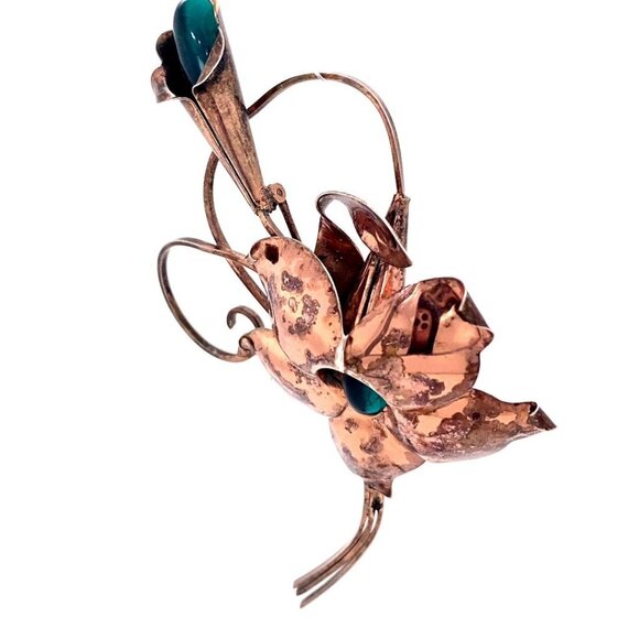 Large VTG Estate TruArt Sterling Silver & Green Stone Flower Rose Tone Brooch 36 - Picture 2 of 7